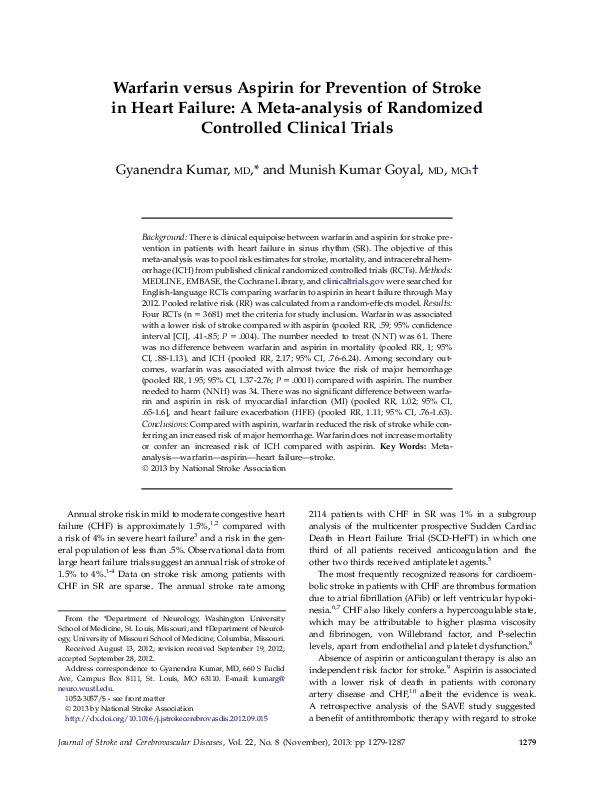 (PDF) WARFARIN VERSUS ASPIRIN FOR PREVENTION OF STROKE IN HEART FAILURE