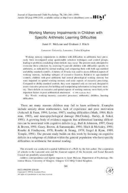(PDF) Working Memory Impairments in Children with Specific Arithmetic ...