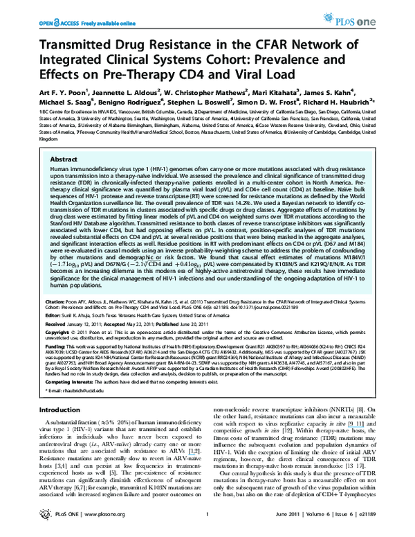 (PDF) Transmitted Drug Resistance in the CFAR Network of Integrated ...