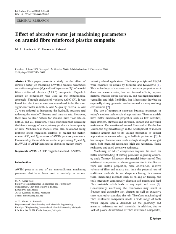 (PDF) Effect of abrasive water jet machining parameters on aramid fibre