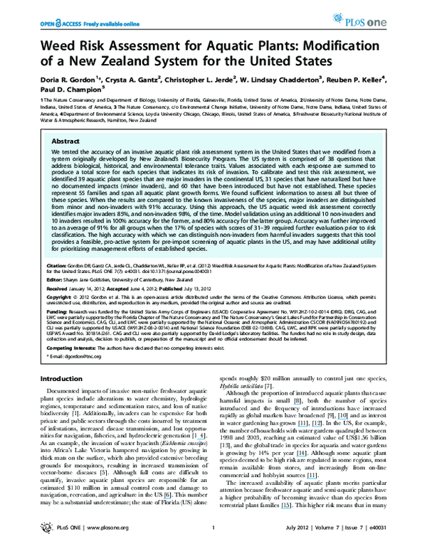 (PDF) Weed Risk Assessment for Aquatic Plants: Modification of a New ...