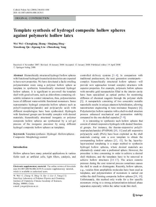(PDF) Template synthesis of hydrogel composite hollow spheres against ...