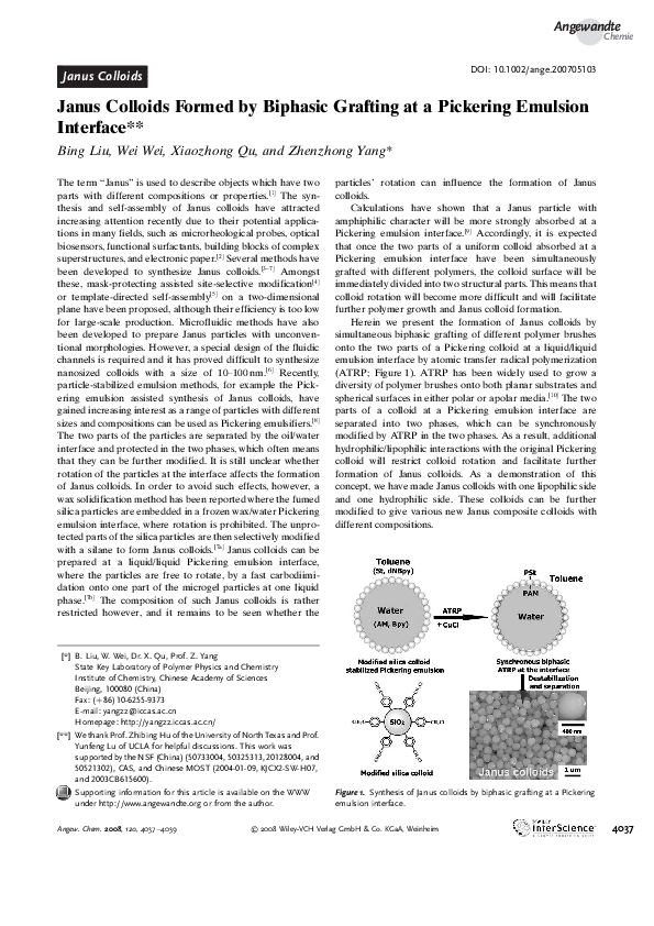 (PDF) Janus Colloids Formed by Biphasic Grafting at a Pickering ...