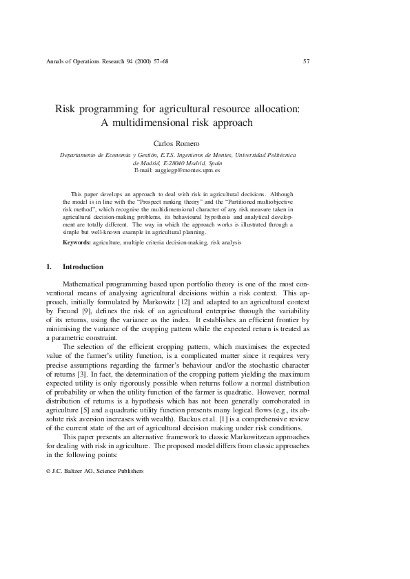 (PDF) Risk programming for agricultural resource allocation: A ...