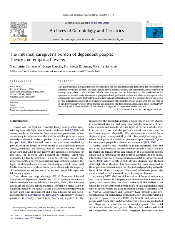 (PDF) The informal caregiver's burden of dependent people: Theory and ...