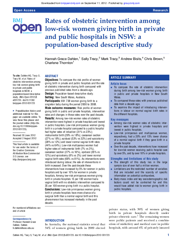 (PDF) Rates of obstetric intervention among lowrisk women giving birth