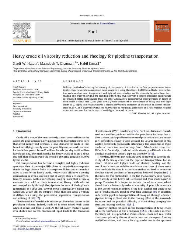 (PDF) Heavy crude oil viscosity reduction and rheology for pipeline ...