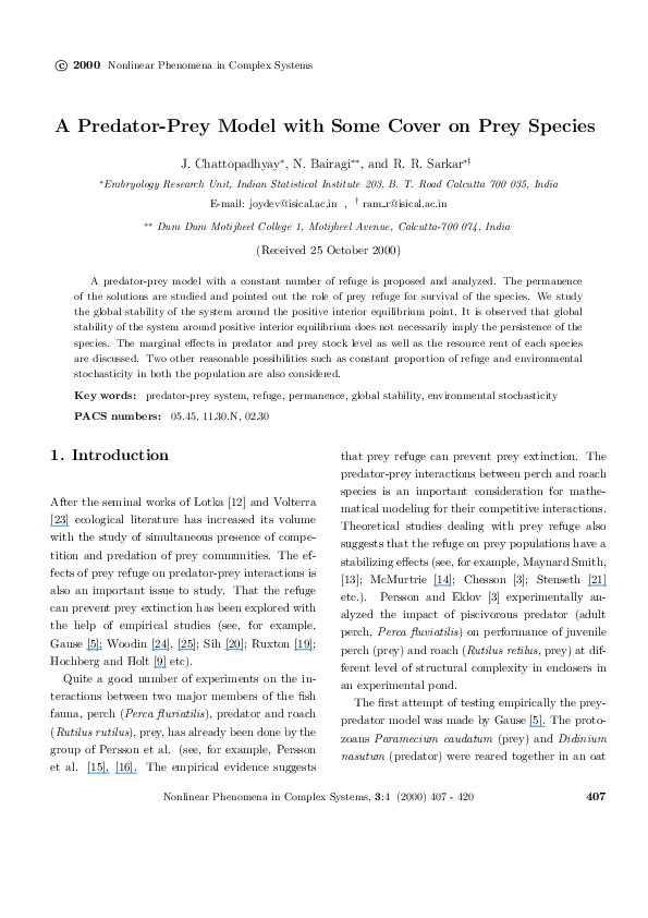 (PDF) A predator-prey model with some cover on prey species