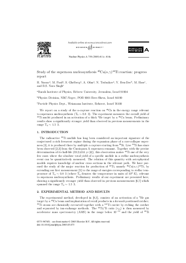 (PDF) Study of the supernova nucleosynthesis 40Ca(α,γ)44Ti reaction ...