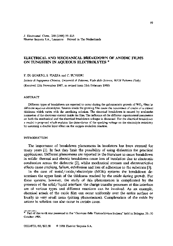 (PDF) Electrical and mechanical breakdown of anodic films on tungsten in aqueous electrolytes