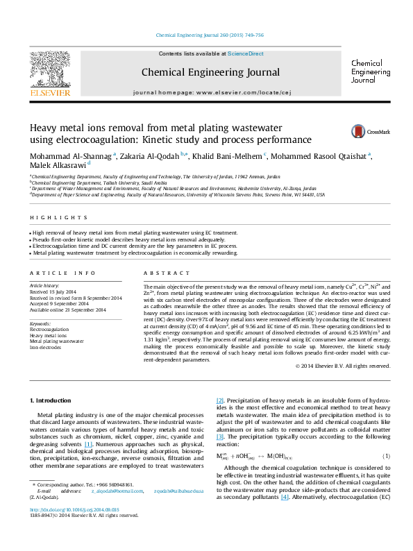 (PDF) Heavy metal ions removal from metal plating wastewater using ...