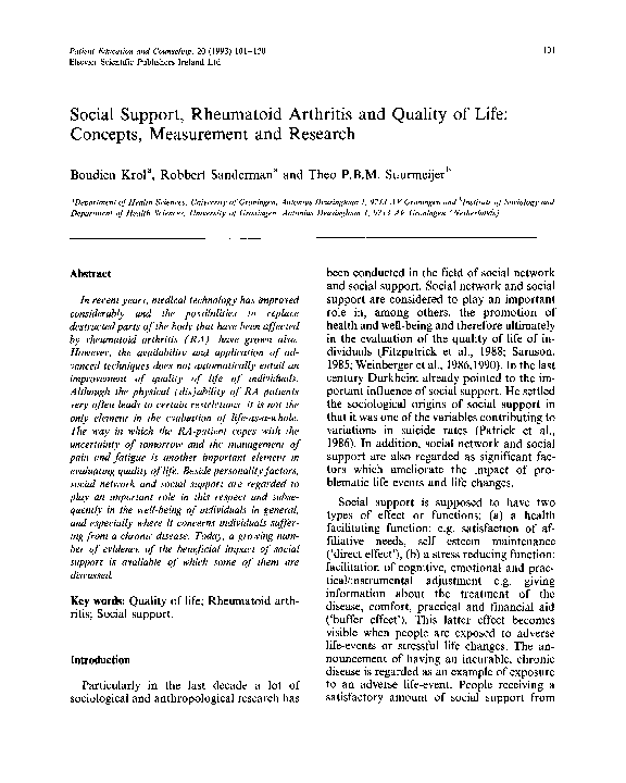 (PDF) Social support, rheumatoid arthritis and quality of life ...