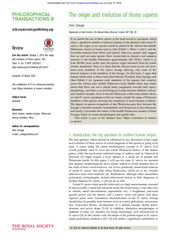 (PDF) Origins and Evolution of Homo Sapiens