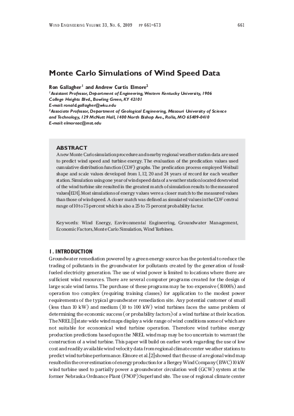 (PDF) Monte Carlo Simulations of Wind Speed Data A. Elmore Academia.edu
