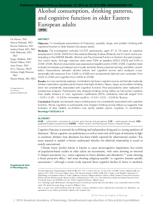 (PDF) Alcohol consumption, drinking patterns, and cognitive function in ...