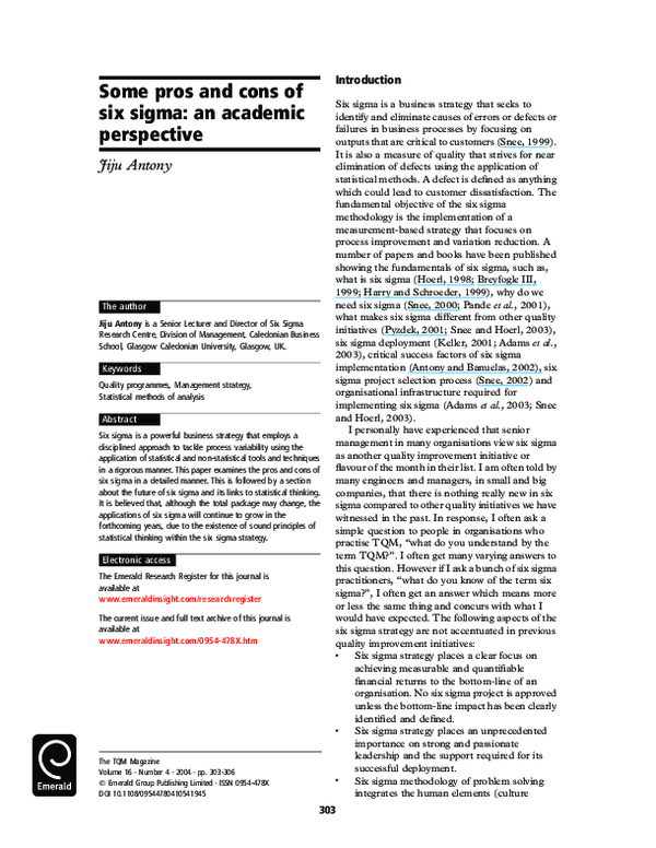 (PDF) Some pros and cons of six sigma: an academic perspective