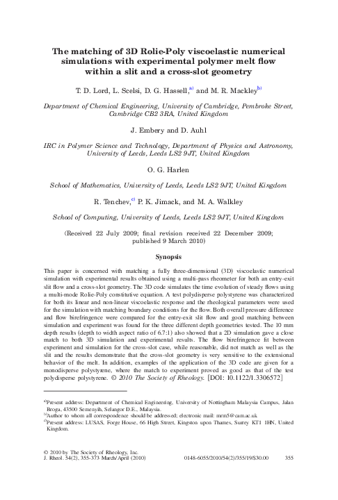 (PDF) The matching of 3D Rolie-Poly viscoelastic numerical simulations ...