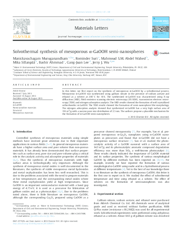 (PDF) Solvothermal synthesis of mesoporous α-GaOOH semi-nanospheres