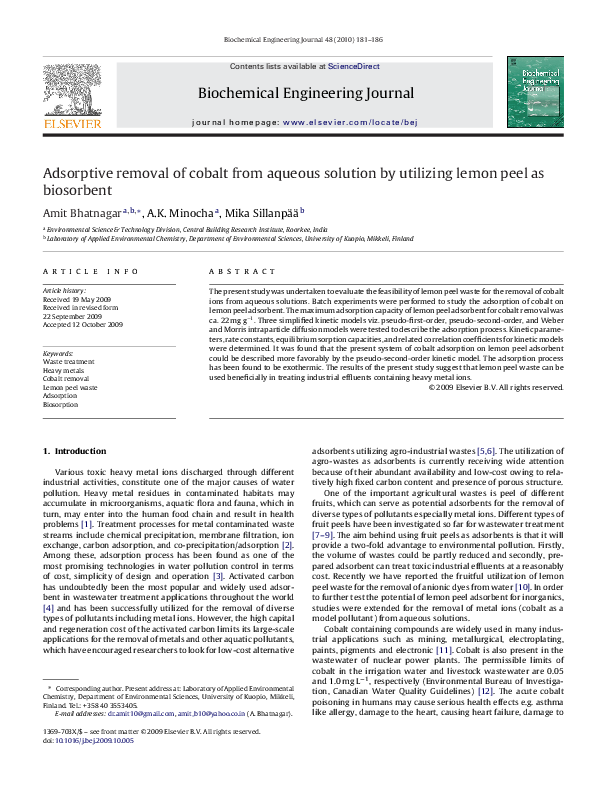 (PDF) Adsorptive removal of cobalt from aqueous solution by utilizing ...