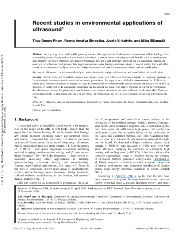 (PDF) Recent studies in environmental applications of ultrasound A ...