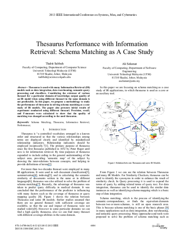 (PDF) Thesaurus Performance with Information Retrieval Schema Matching as a Case Study Thabit