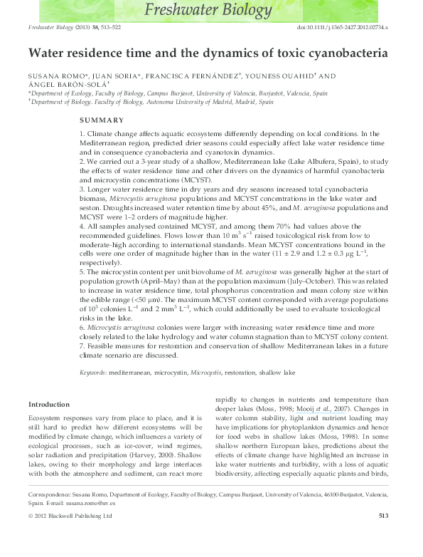 (PDF) Water residence time and the dynamics of toxic cyanobacteria