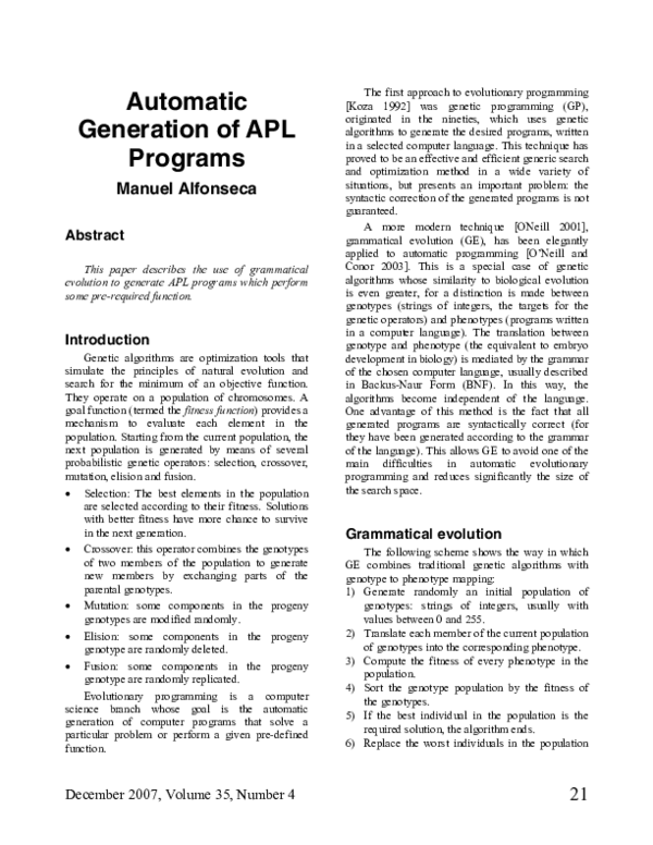 (PDF) Automatic generation of APL programs