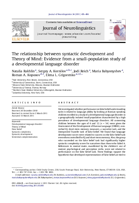 (PDF) The relationship between syntactic development and Theory of Mind ...