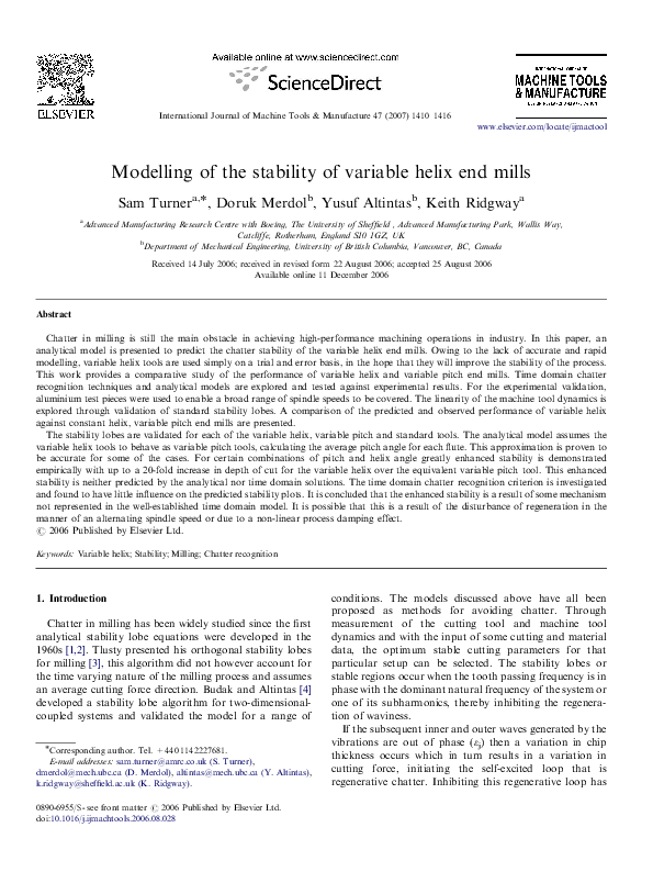 (PDF) Modelling of the stability of variable helix end mills