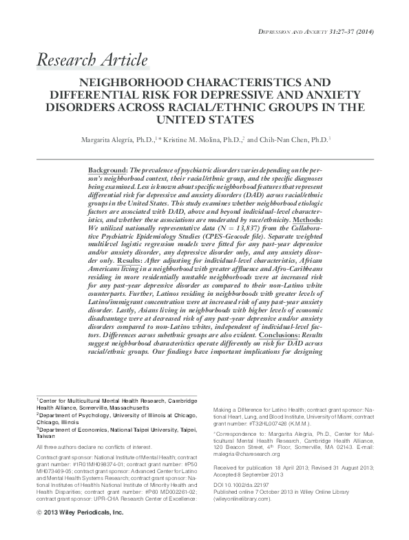 (PDF) NEIGHBORHOOD CHARACTERISTICS AND DIFFERENTIAL RISK FOR DEPRESSIVE ...
