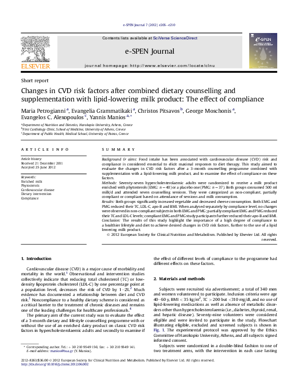 (PDF) Changes in CVD risk factors after combined dietary counselling