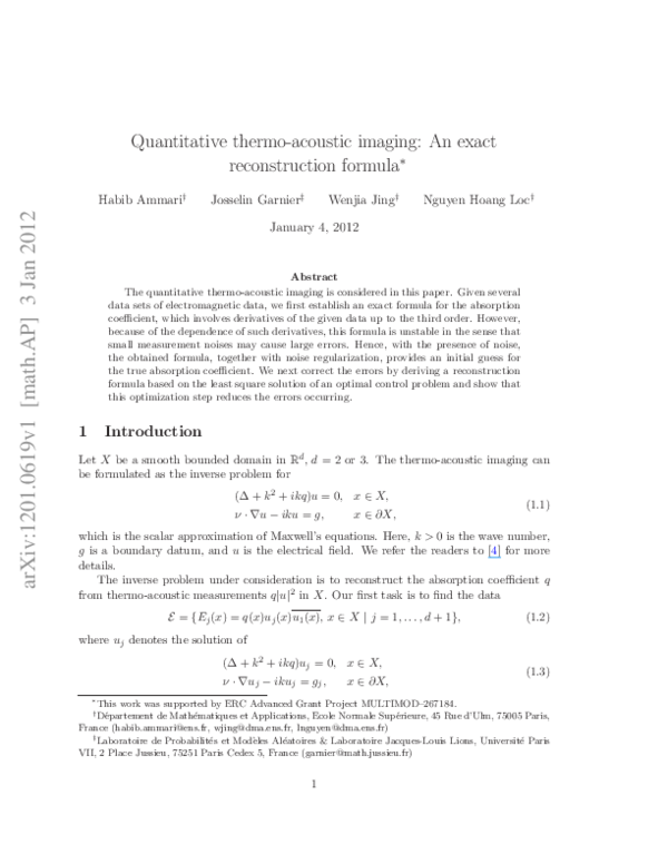 (PDF) Quantitative thermo-acoustic imaging: An exact reconstruction formula