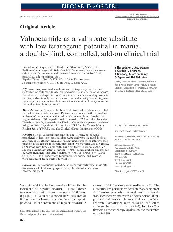 (PDF) Valnoctamide as a valproate substitute with low teratogenic ...