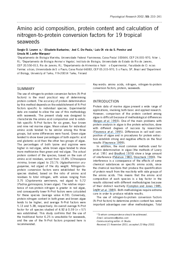 (PDF) Amino acid composition, protein content and calculation of