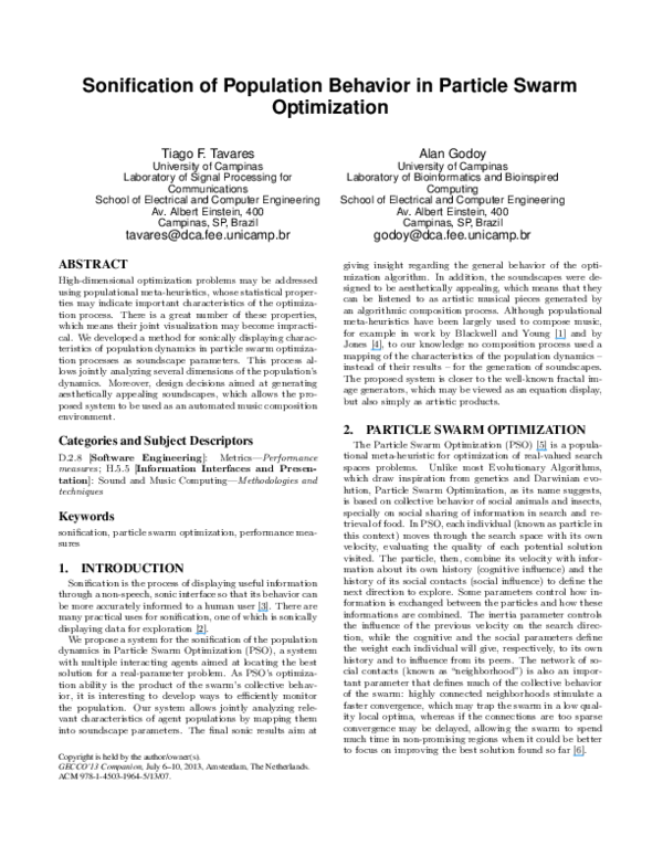 (PDF) Sonification of population behavior in particle swarm optimization