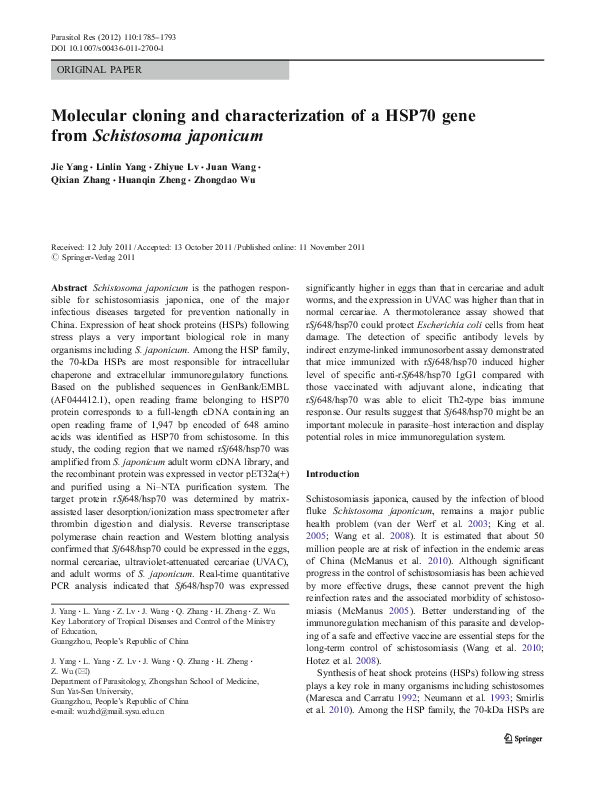 (PDF) Molecular cloning and characterization of a HSP70 gene from ...