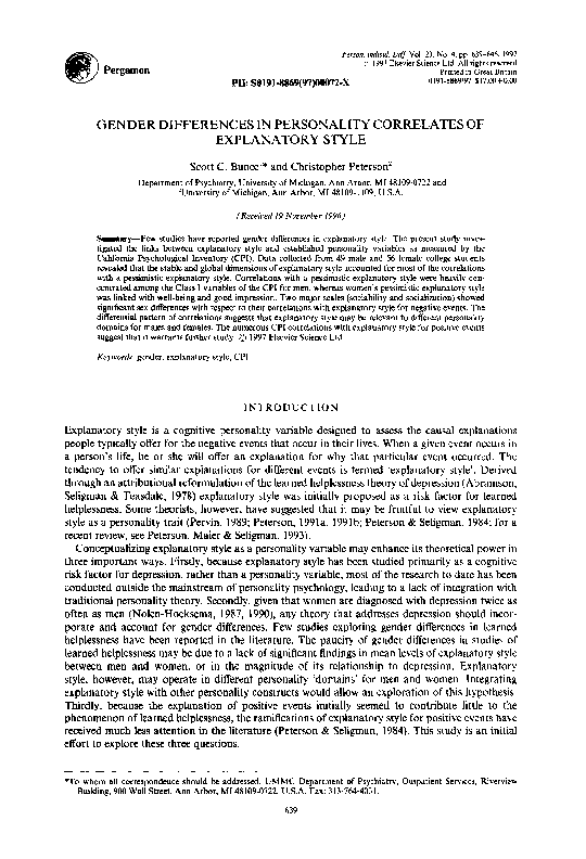 (PDF) Gender differences in personality correlates of explanatory style