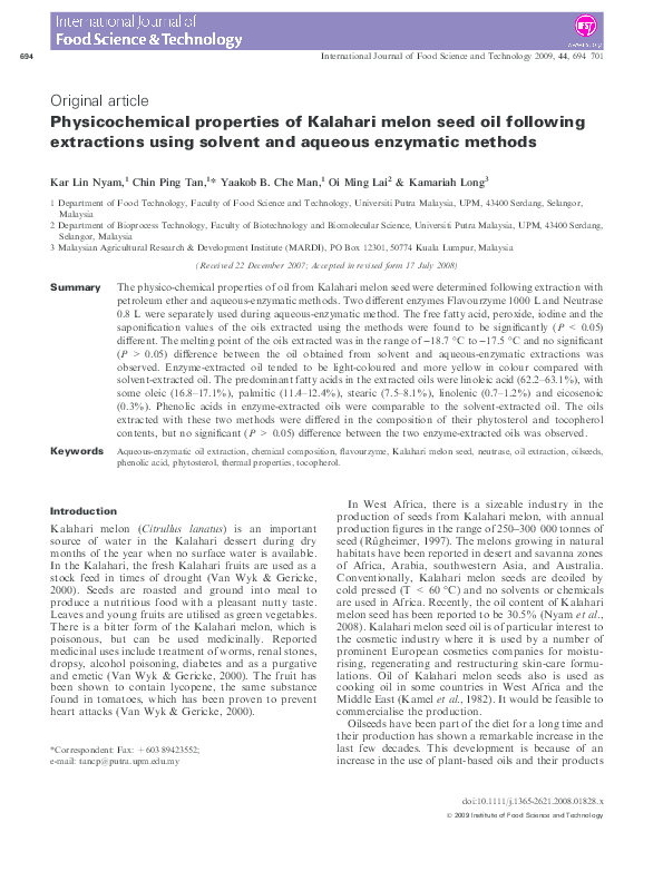 (PDF) Physicochemical properties of Kalahari melon seed oil following ...