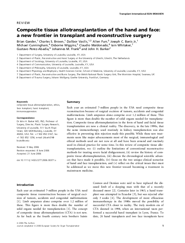 (PDF) Composite tissue allotransplantation of the hand and face a new