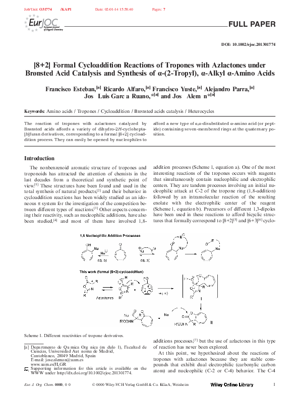 (PDF) [8+2] Formal Cycloaddition Reactions of Tropones with Azlactones ...