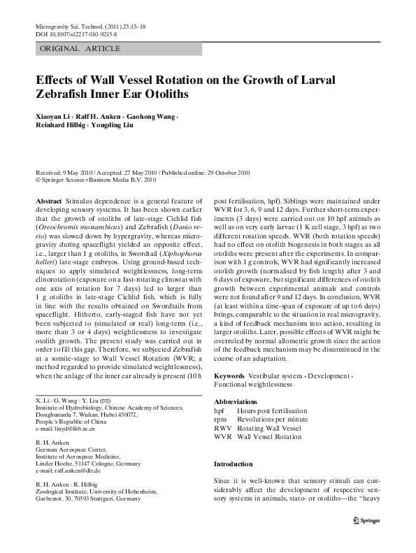 (PDF) Effects of Wall Vessel Rotation on the Growth of Larval Zebrafish ...