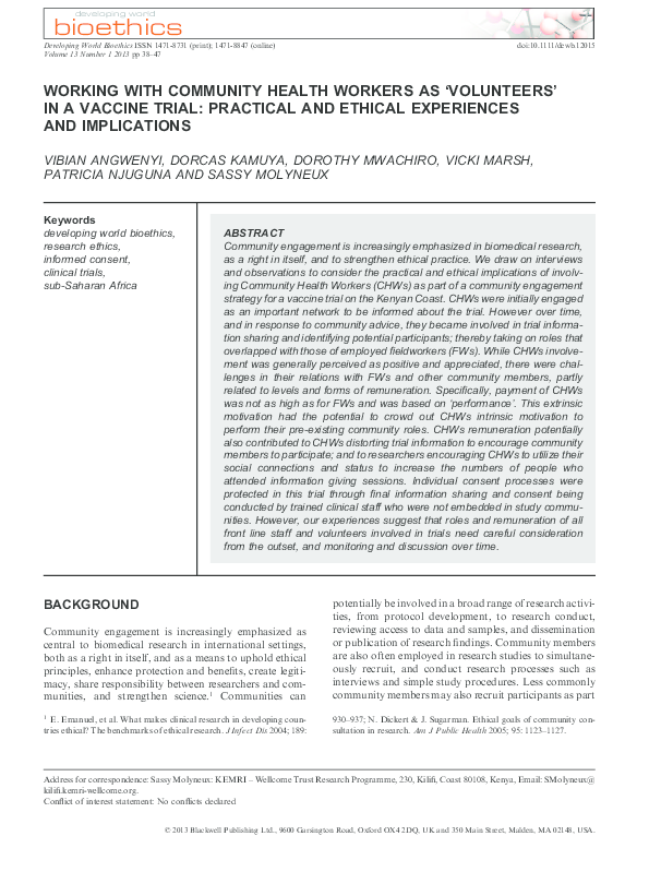 (PDF) Working with Community Health Workers as ‘Volunteers’ in a ...