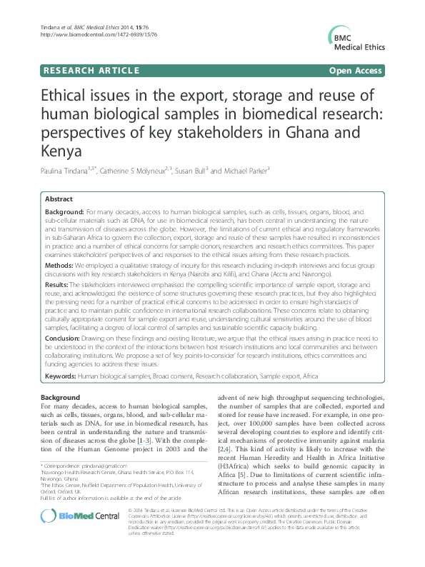 (PDF) Ethical issues in the export, storage and reuse of human