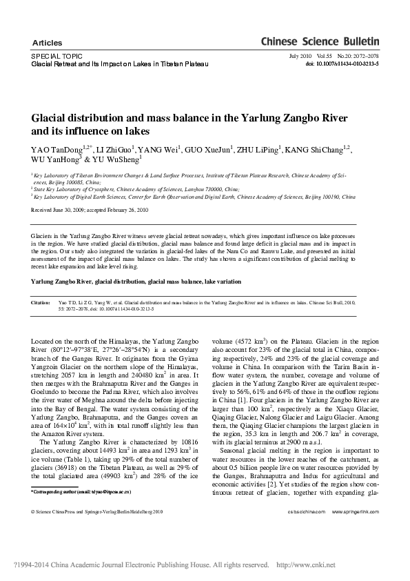 (PDF) Glacial distribution and mass balance in the Yarlung Zangbo River ...