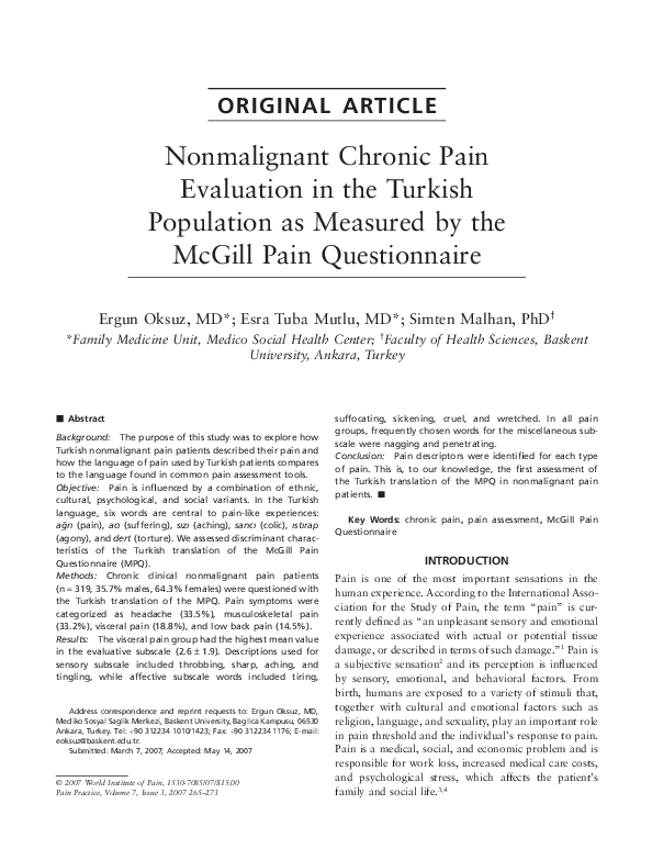 (PDF) Nonmalignant Chronic Pain Evaluation in the Turkish Population as ...