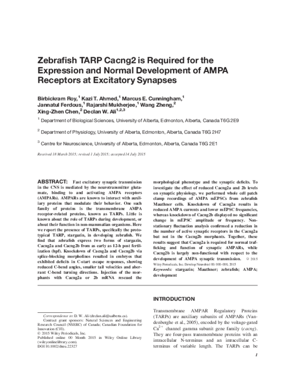 (PDF) Zebrafish TARP Cacng2 is required for the expression and normal ...