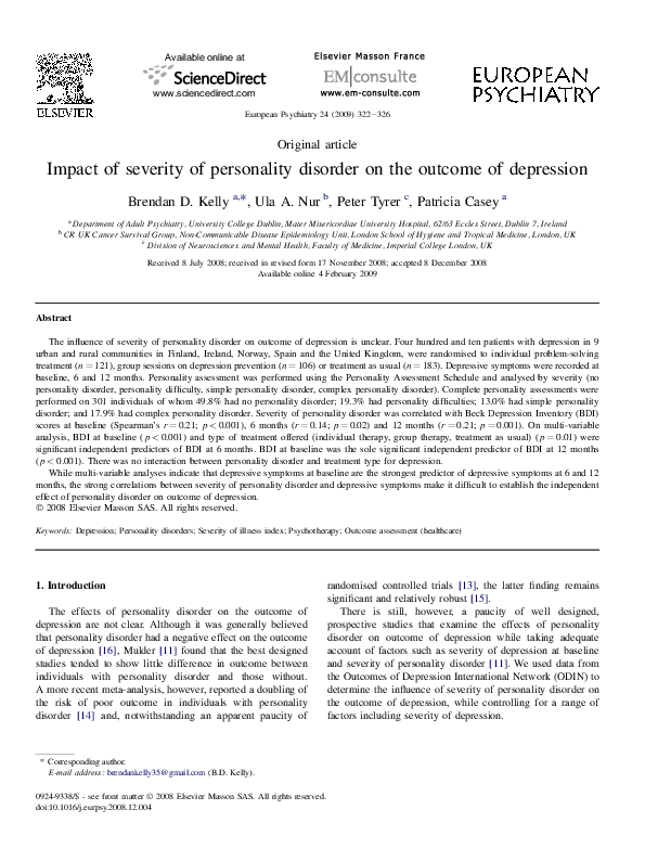 (PDF) Impact of severity of personality disorder on the outcome of ...