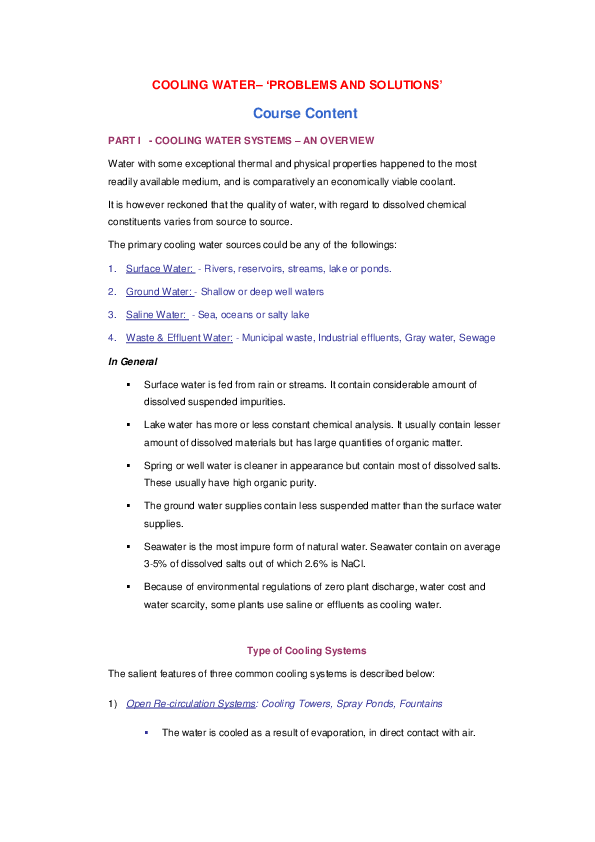 (PDF) COOLING WATER 'PROBLEMS AND SOLUTIONS' Course Content PART I COOLING WATER SYSTEMS AN
