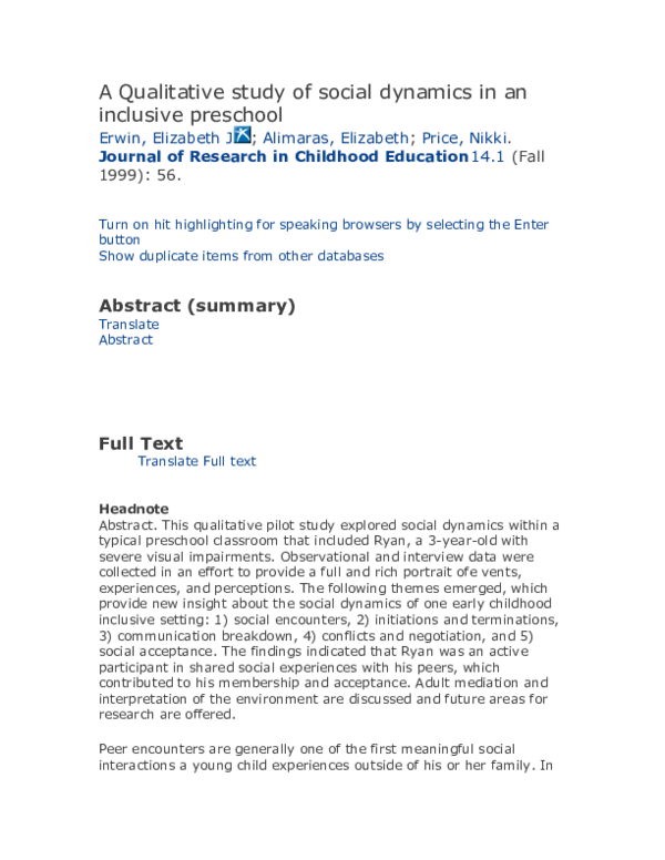 A qualitative study of social dynamics in an inclusive preschool