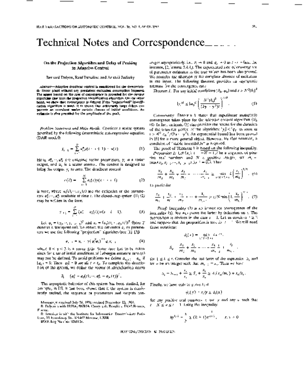 (PDF) On the projection algorithm and delay of peaking in adaptive control